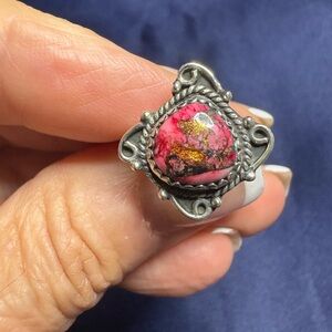 Ring*Red Dahlia Turquoise 925 Sterling Silver Setting Square
